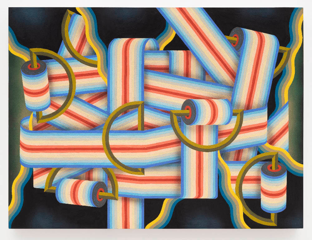 Photo of abstract painting with colorful geometric patterns that look like ribbon twisting and wrapped around impossible object